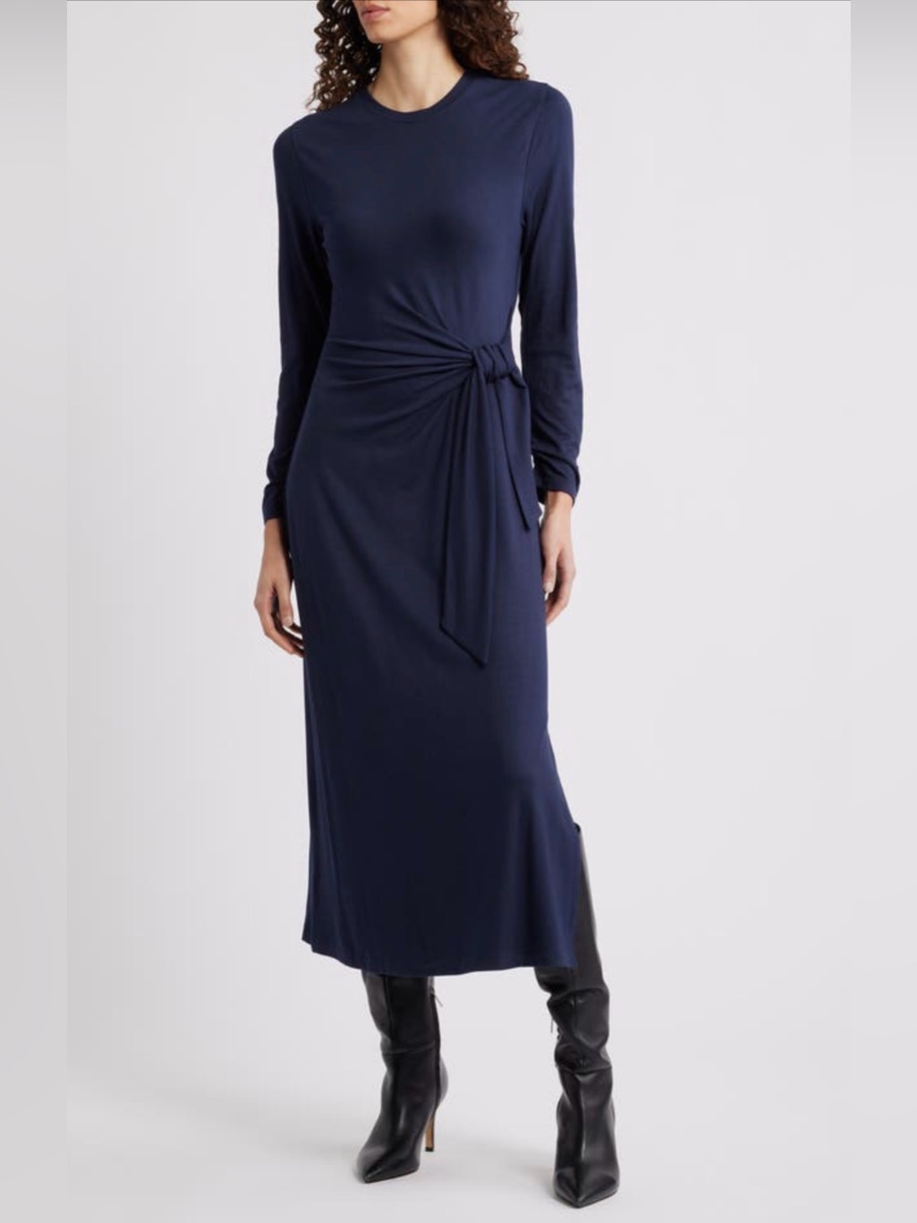 Boss Orange Erlot Side Tie Long Sleeve Midi Dress Dark Blue Modal Xs Sm